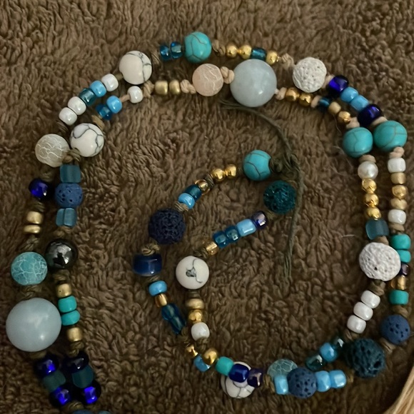 Handmade Artisan Short Boho Tassel Necklace w New & Upcycled Beads Blue & Gold - Picture 3 of 3